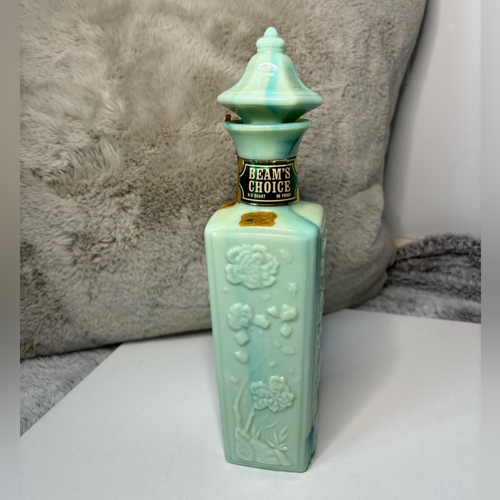 Vintage 1972 Jim Beam's Choice Royal Jade Milk Glass Floral Bottle Decanter 12"